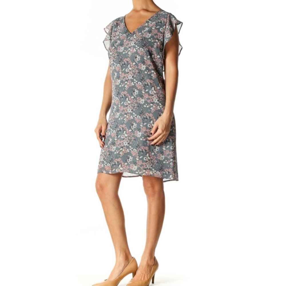 LOFT:  Floral Grey Print Holiday Shift Dress LINED